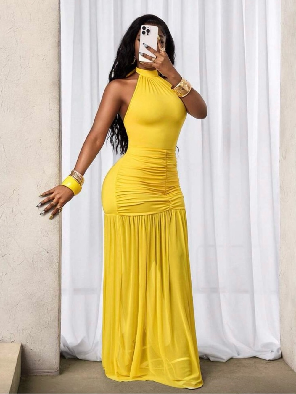 Fashion Nova Yellow Halter Ruched Maxi Dress